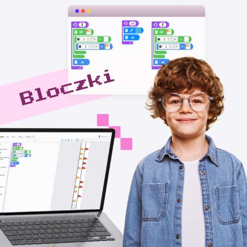 Okładka kursu programowania dla dzieci Bloczki z chłopcem w okularach