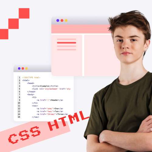 Okładka kursu HTML CSS z nastoletnim chłopcem z założonymi rękoma