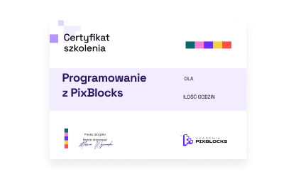 Przykładowy certyfikat ukończenia kursu programowania PixBlocks