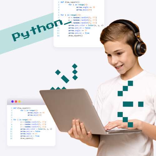 Okładka kursu Python z chłopcem w słuchawkach z laptopem